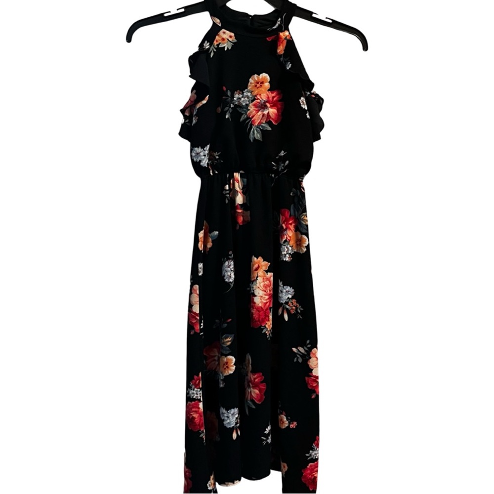 Ava & Yelly Girls Black Floral Ruffle Halter Dress Size 7 Made in USA